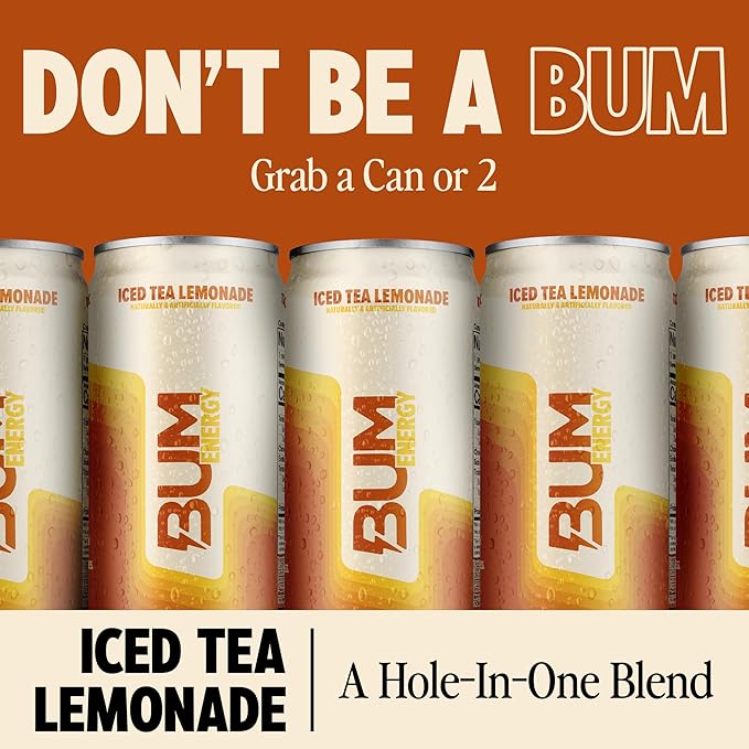 BUM Sugar-Free Energy Drink Iced Tea Lemonade - No Artificial Colors Natural Caffeine &amp Citicoline for Energy &amp Focus Brain Boost &amp Workout Sports Beverage - 12 oz Pack of 12