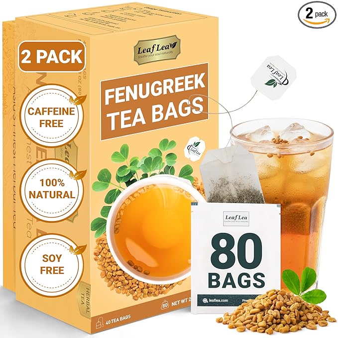 LeafLea 80 Premium Fenugreek Tea Bags Natural Fenugreek Seed for Toasty Flavor &amp Sweet Aroma Fenogreco Tea with Gentle Warmth Caffeine-Free Sugar-Free Vegan Individually Wrapped for Freshnes