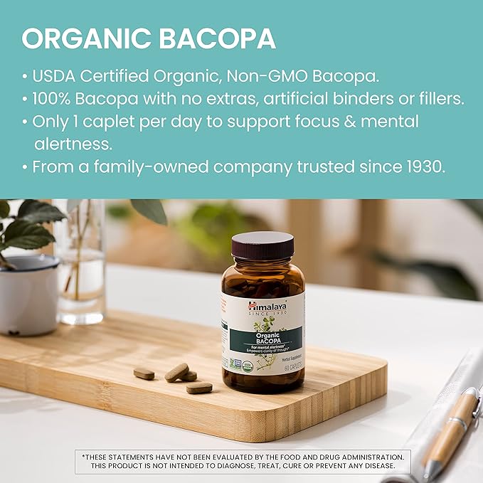 Himalaya Organic Bacopa Monnieri Nootropic Herbal Supplement Mental Alertness Supports Calm Memory Cognition USDA Organic Non-GMO 750 mg 60 Plant-Based Caplets 2 Pack 120 Day Supply