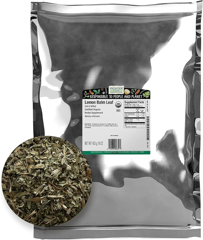 Frontier Co-op Organic Lemon Balm Leaf Cut and Sifted Kosher Bulk Bag - Dried Lemon Balm Herb Loose Leaf Tea - Melissa Tea Toronjil | 16 Ounce (Pack of 1)