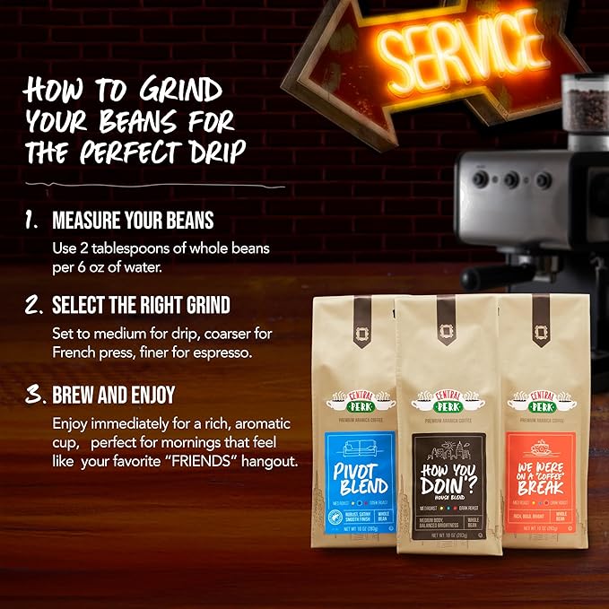 Central Perk Whole Bean Variety Pack - 100% Arabica Coffee Beans Includes Medium Medium Dark &amp Dark Roast Blends How You Doin Pivot &amp We Were On a Coffee Break 3 x 10oz Bags
