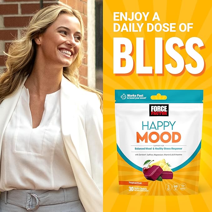 FORCE FACTOR Happy Mood Mood Support and Mood Balance Supplement to Support Happiness Positivity and Stress Made with Magnesium Saffron Zembrin Non-GMO Tropical Fruit Flavor 30 Soft Chews