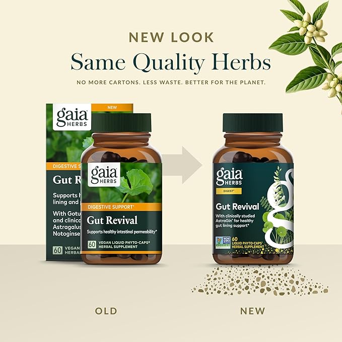 Gaia Herbs Gut Revival - Herbal Supplement to Support Healthy Gut Lining* - Made with AstraGin Gotu Kola Jujube &amp More - Free from Dairy Soy &amp Gluten - 60 Vegan Liquid Phyto-Caps (60 Servin