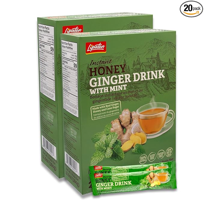 Lipatea Instant Honey Ginger Drink with Mint Caffeine Free Gluten Free Halal - Made with Real Ginger Honey &amp Cane Sugar Min Tea (Pack of 2)
