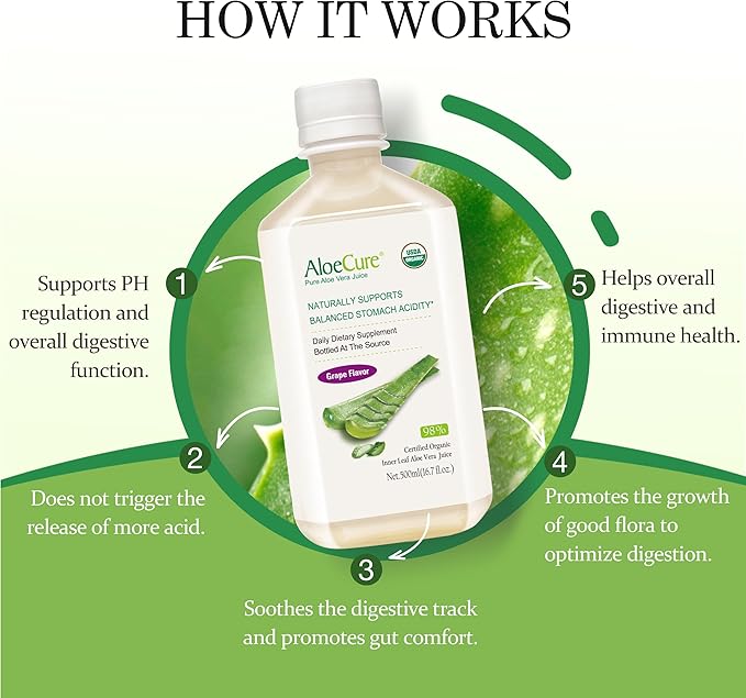 AloeCure USDA Organic Aloe Vera Juice Grape Flavor Made Within 12 Hours of Harvest - Pure Aloe Vera Digestive &amp Immune Health Supplement Helps Maintain Balanced Stomach Acidity 16.7oz x 12 Btls