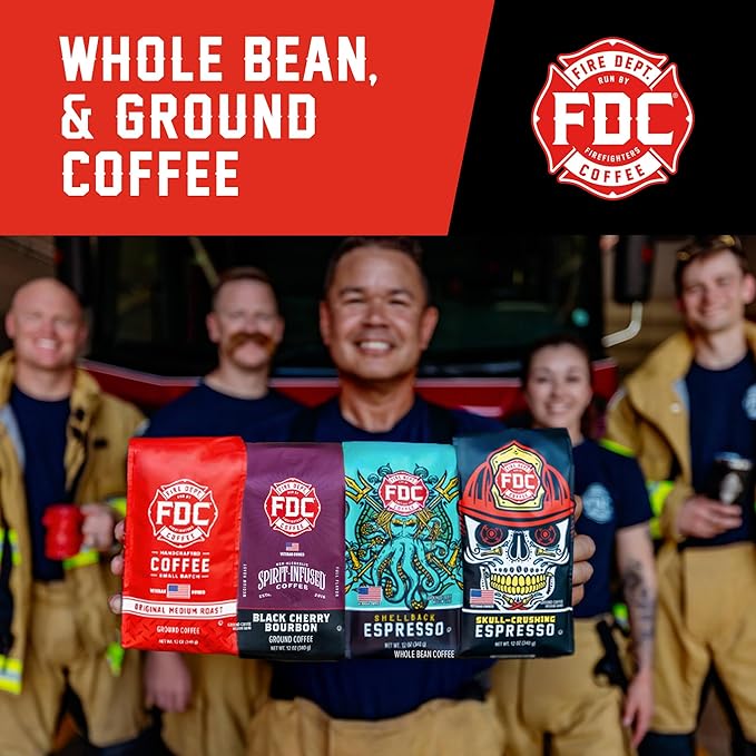 Fire Department Coffee - Gives Back to Firefighters - Rescue Variety Pack - Whole Bean Coffee - Medium Dark Shellback Espresso &amp Skull Crushing Espresso Beans - Veteran Owned (12oz Pack of 4)