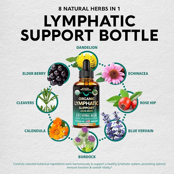 USDA Organic Lymphatic Drainage Supplement - Echinacea | Elderberry | Dandelion | Rosehip | Cleavers | Calendula | Burdock - Made in USA - Lymph System Drops - Immune Support Cleanse &amp Detox 2 f
