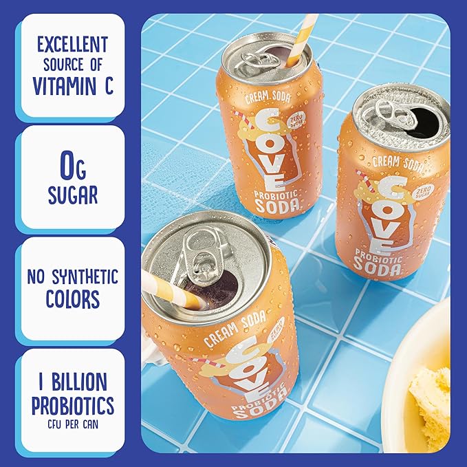 Cove Probiotic Soda Zero Sugar Better-For-You Alternative - Refreshing Delicious Probiotic Drink No Synthetic Colors &amp Caffeine Free - Cream Soda 12 Pack