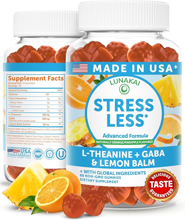 Lunakai USA Made Calm &amp Stress Relief Gummies – Delicious GABA + L-Theanine Calming Supplement for Adults &amp Kids – Natural Stress Support 60ct