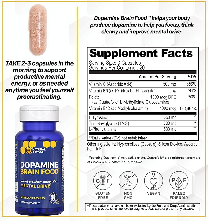NATURAL STACKS Dopamine Brain Food - 650mg L-Tyrosine Supplement - Dopamine Supplement for Focus &amp Mental Drive - Supports Mental Energy - Neurotransmitter Support with B Vitamins - 60 Capsules