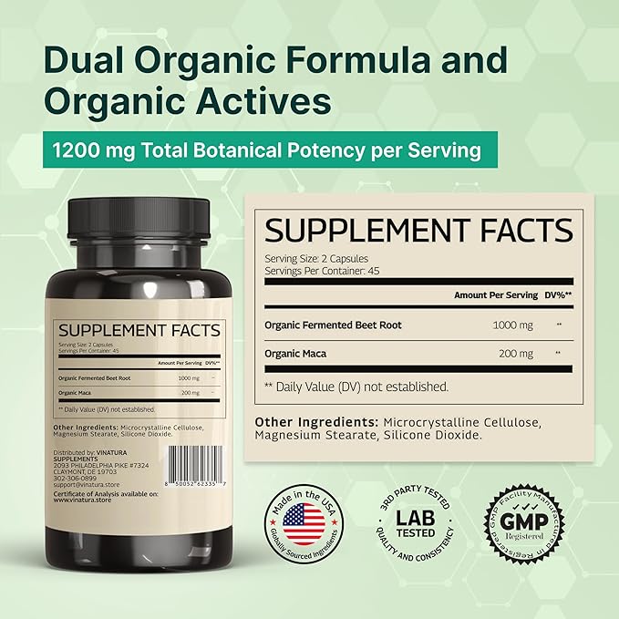 VINATURA Organic Fermented Beet Root with Maca 1200MG - USA Made and Tested 90 Capsules