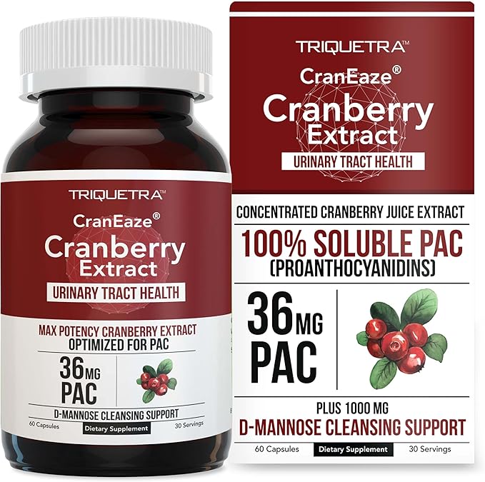 CranEaze®: Cranberry Juice Extract Plus D-Mannose – 36 mg PAC 100% Soluble PAC - Supports Urinary Tract Health – Most Effective Cranberry Pills for Women UTI Cranberry Supplement - 60 Capsules
