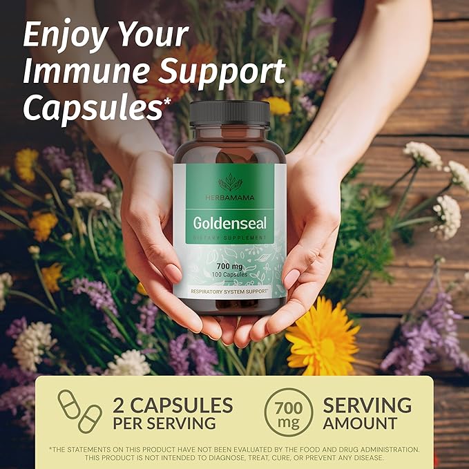 HERBAMAMA Goldenseal Root Capsules 700mg - Respiratory System &amp Immune Support with Goldenseal Powder Supplement - Vegan Non-GMO
