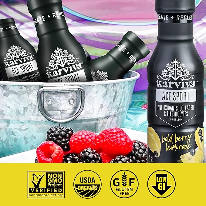 ACE Recovery Antioxidants Juice Energy Booster Drinks for Sports Real Fruit Natural Collagen Electrolytes BPA Free Antioxidant Drink 6 bottles 12 fl oz (Bold Berry Lemonade)