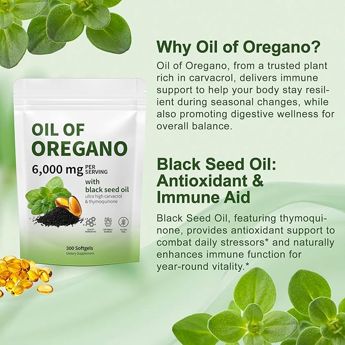 Oil of Oregano with Black Seed Oil - Oil of Oregano Capsules Aceite de Orégano Capsulas Immune Support Non-GMO Gluten Free 6000MG 300 Softgels