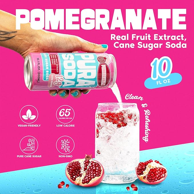 PuraSoda® Pomegranate | 65 Calories &amp 12g Pure Cane Sugar per Can | Non-GMO Vegan | Made with Pure Cane Sugar Clean &amp Refreshing | 10 fl oz (300ml) Cans Pack of 24