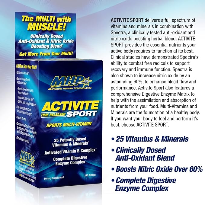MHP Activite Sport Multi Vitamin 25 Vitamins and Minerals Nitric Oxide Booster Digestive Enzymes Antioxidants 120 Tablets