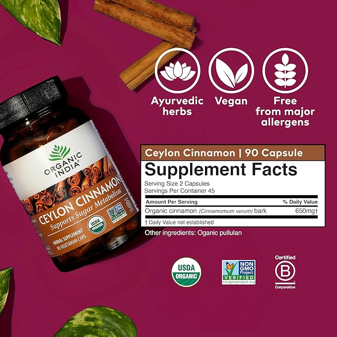 ORGANIC INDIA Ceylon Cinnamon Herbal Supplement - Vegan Gluten-Free Kosher USDA Certified Organic Non-GMO - 90 Capsules