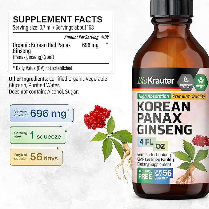 BIO KRAUTER® Ginseng Supplement - Pure Vegan Liquid Drops Korean Red Ginseng 696 mg per Serving 4 Fl.Oz 56-Day Supply - Used for Energy Focus Performance &amp Immune Support - Alcohol &amp Sugar F