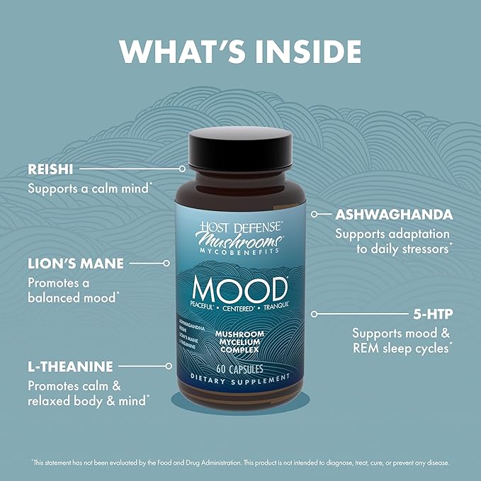 Host Defense MycoBenefits Mood* Capsules - Healthy Mind Support with Lion's Mane L-Theanine &amp Ashwagandha - Relaxing &amp Calming Supplement - 60 Capsules (30 Servings)*