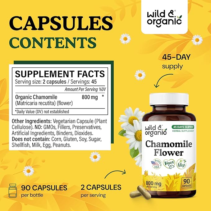 Wild &amp Organic Chamomile Capsules 800 mg - Relaxation &amp Digestive Support - Herb Chamomile Powder Supplement - Matricaria Recutita Flower - Vegan No Fillers Non-GMO - 90 Count