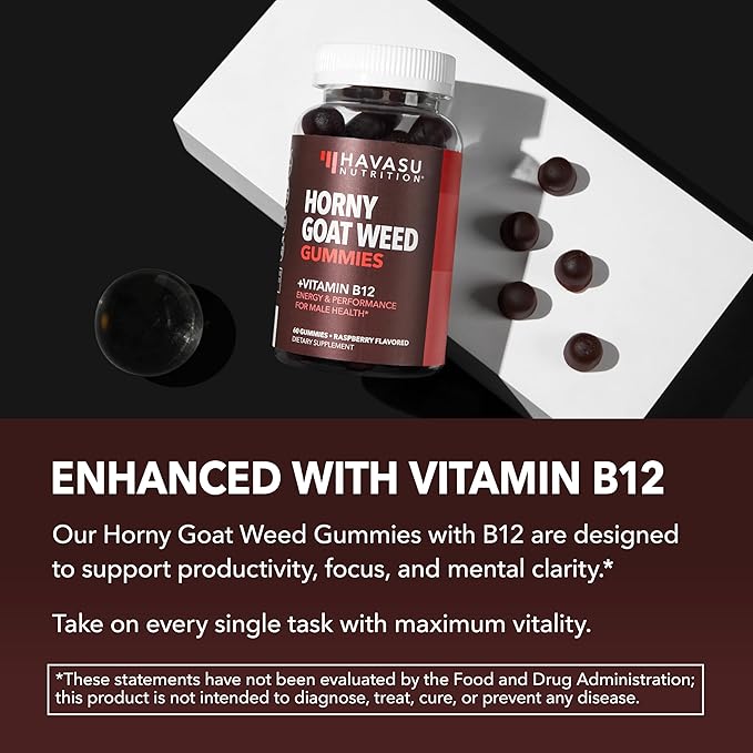 Horny Goat Weed Gummies with Vitamin B12 - Energy Endurance &amp Performance Support for Male Health - 60 Count - Vegetarian-Friendly Non-GMO Pectin-Based - Raspberry Flavor 1 Month Supply