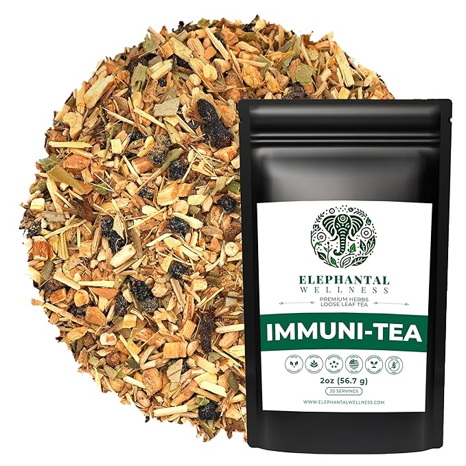 Elephantal Wellness Premium Immuni-Tea | Immune System &amp Respiratory Support with Reishi Clove Echinacea &amp Elderberry | Handmade Caffeine-Free Non-GMO Loose Leaf Blend 2oz 20 Servings