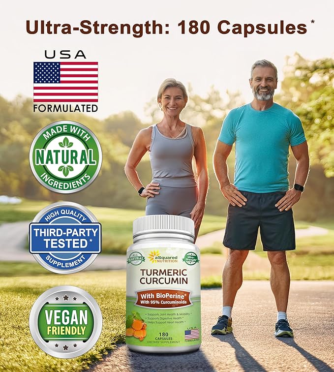 aSquared Nutrition Turmeric Curcumin 1300mg with BioPerine Black Pepper Extract - 180 Capsules - with 95% Curcuminoids 100% Natural Tumeric Root Powder Supplements Pure &amp Joint Stiffness Pills