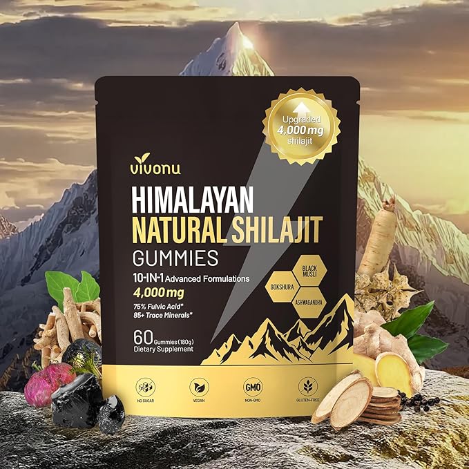 VivoNu Pure Himalayan* Shilajit* Gummies micronutrient Supplement Himalayan Premium Ingredient with Shilajit Ashwagandha Gokshura Fulvic Acid &amp 85+ Trace Minerals I for Men Women (4000MG/1 B