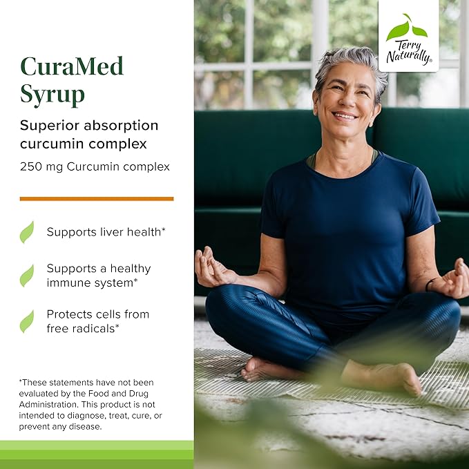 Terry Naturally CuraMed Syrup - 250 mg BCM-95 Curcumin 8 fl oz - Promotes Healthy Inflammation Response Supports Liver Brain Heart &amp Immune Health - Vegan Non-GMO Gluten-Free - 48 Servings