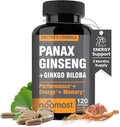 NooMost Authentic Korean Red Panax Ginseng + Ginkgo Biloba 120 Vegan Capsules Ginseng Root Extract Powder 1000mg (10% Ginsenosides) + Gingko Biloba 60mg Energy and Focus Pills for Men and Women