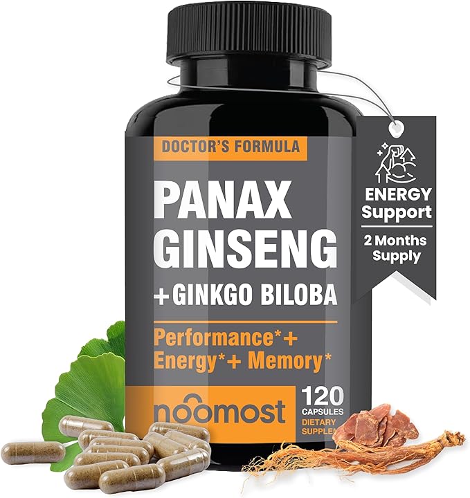 NooMost Authentic Korean Red Panax Ginseng + Ginkgo Biloba 120 Vegan Capsules Ginseng Root Extract Powder 1000mg (10% Ginsenosides) + Gingko Biloba 60mg Energy and Focus Pills for Men and Women