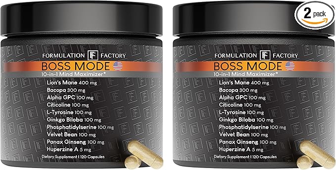Formulation Factory BOSS Mode 10-in-1 Nootropic Cognitive Enhancement Supplement Focus &amp Memory Booster Featuring Lion’s Mane Bacopa Monnieri Alpha-GPC Ginseng &amp More 240 Capsules (2 Pack