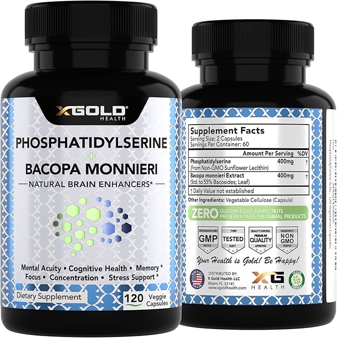 PhosphatidylSerine &amp Bacopa Monnieri 800 mg 2 in 1 Supplement - Natural Brain Enhancer/Nootropic for Enhanced Focus and Concentration Memory Support &amp Cognitive Function - 120 Vegetarian Cap