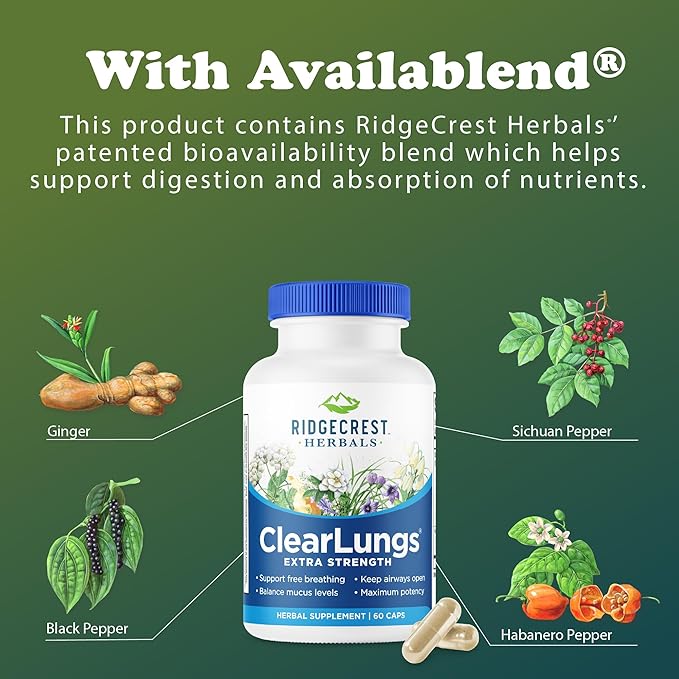 RidgeCrest Herbals ClearLungs Extra Strength Daily Health Supplement Natural Lung and Nasal Wellness Formula (60 Vegan Caps 30 Serv)