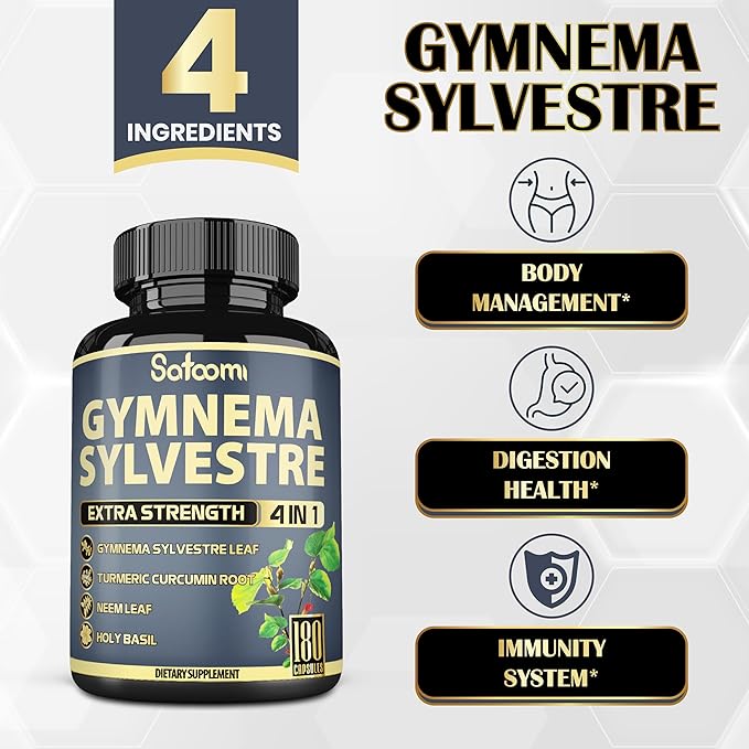 Satoomi Pure Gymnema Sylvestre Capsules Extract - 180 Capsules of 6 Month - Blended with Neem Leaf Holy Basil &amp Turmeric Curcumin Root