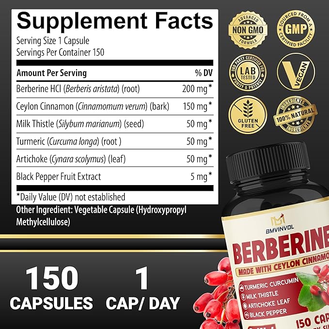 Berberine with Ceylon Cinnamon Turmeric Milk Thistle Artichoke Black Pepper - 150 Count - Pack of 1
