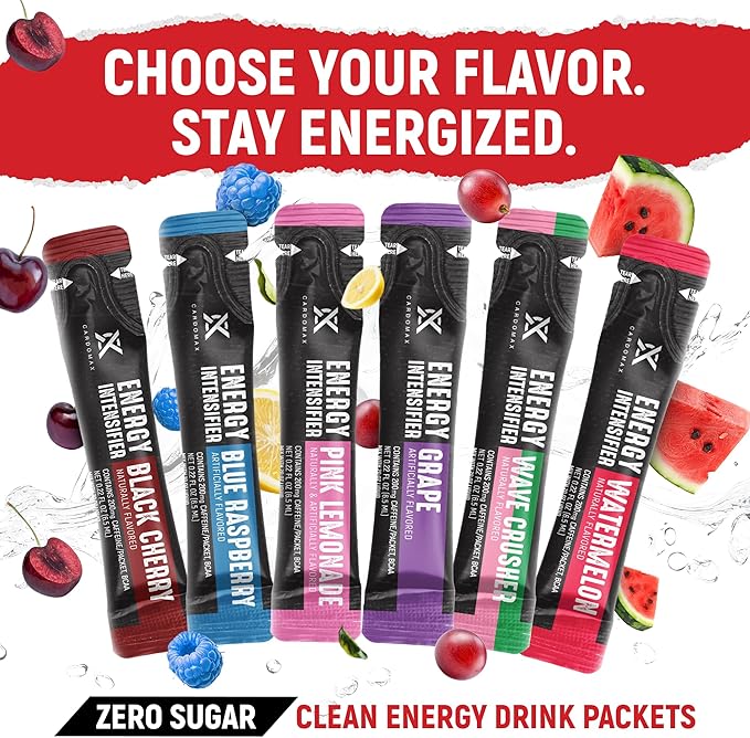 CardoMax - Energy Drink Packets - Liquid Preworkout for Men &amp Women Caffeine Packets with BCAA Vitamin B12 Vitamin B6 &amp B3 - Sugar-Free Zero Calorie Vegan &amp Keto - 15 Stick Packs - Blu