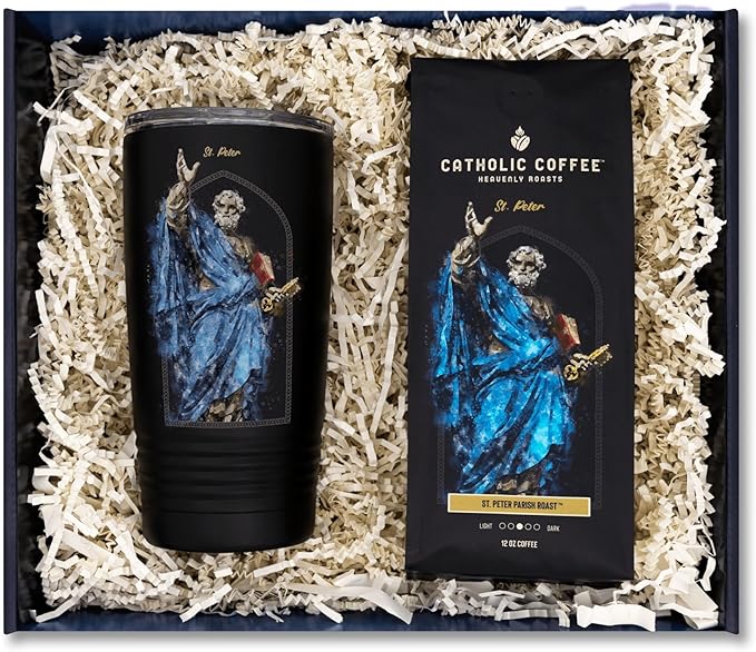 Catholic Coffee St. Peter Medium Roast Ground Coffee &amp Tumbler Gift Set – 12oz Bag Christmas Gift for Coffee Lovers Catholic Holiday Box