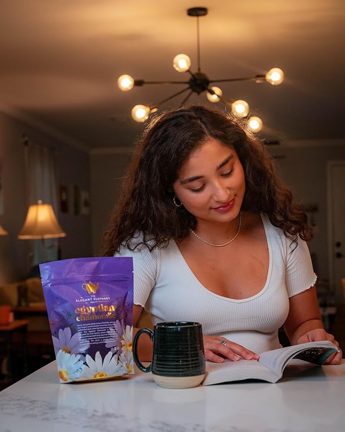 Egyptian Chamomile Tea Organic Loose Leaf Herbal Tea – Cozy Calming – Supports Stress Relief Relaxation &amp Sleep – 4 oz Resealable Bag (Makes 50 Cups) – The Elegant Elephant