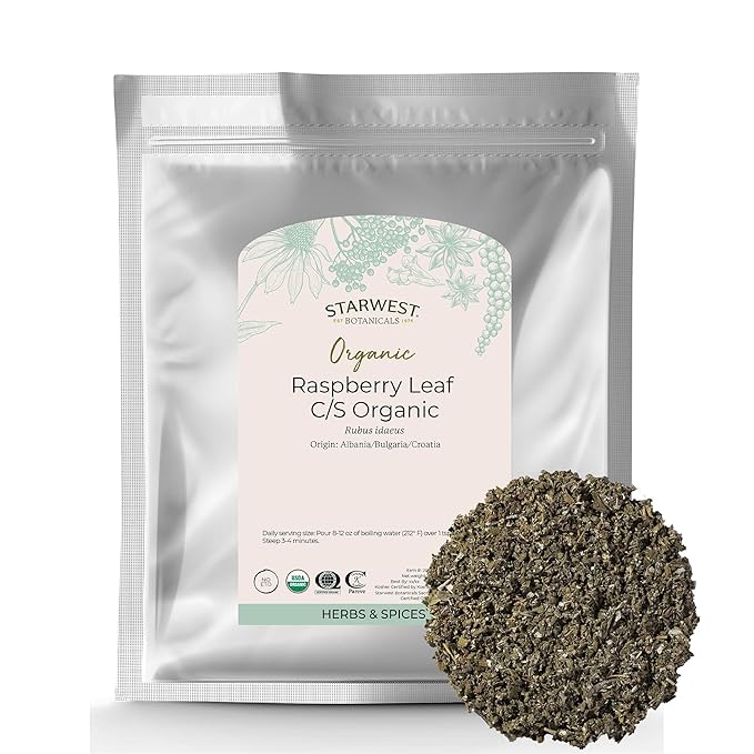 Starwest Botanicals Organic Raspberry Leaf - Herbal Loose Leaf Tea Caffeine Free Natural Herbs Pure Dried Raspberry Leaf Cut &amp Sifted Certified Kosher Non-GMO - Bulk 1 lb Bag