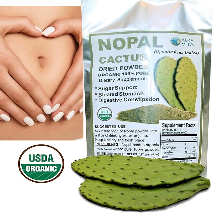 Nopal Cactus Organic 100% Pure Dried Powder Vegan Nutritional Food for Healthy Digestion 1/2 Lb. Bag