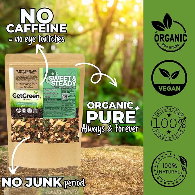 Sweet &amp Steady Organic Herbal Tea with Cinnamon Rooibos &amp Mulberry Leaf | Daily Balance &amp Vitality Loose Leaf Tea – 2 oz (57 g) | Caffeine-Free Vegan No Artificial Flavors | Get Green