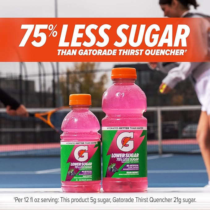 Gatorade Lower Sugar Electrolyte Sports Drink Rain Berry 12 fl oz Bottles (6 Pack) 75% Less Sugar No Artificial Flavors No Artificial Sweeteners No Artificial Colors Hydration