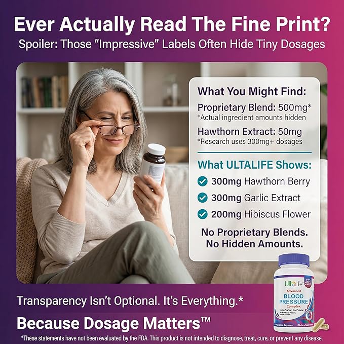 ULTALIFE Blood Pressure Supplements - Advanced Blood Pressure Supplement Complex - Hawthorn Berry Hibiscus Garlic Forskolin - 14 Vitamins &amp Herbs 30 Day Supply in Veggie Capsules