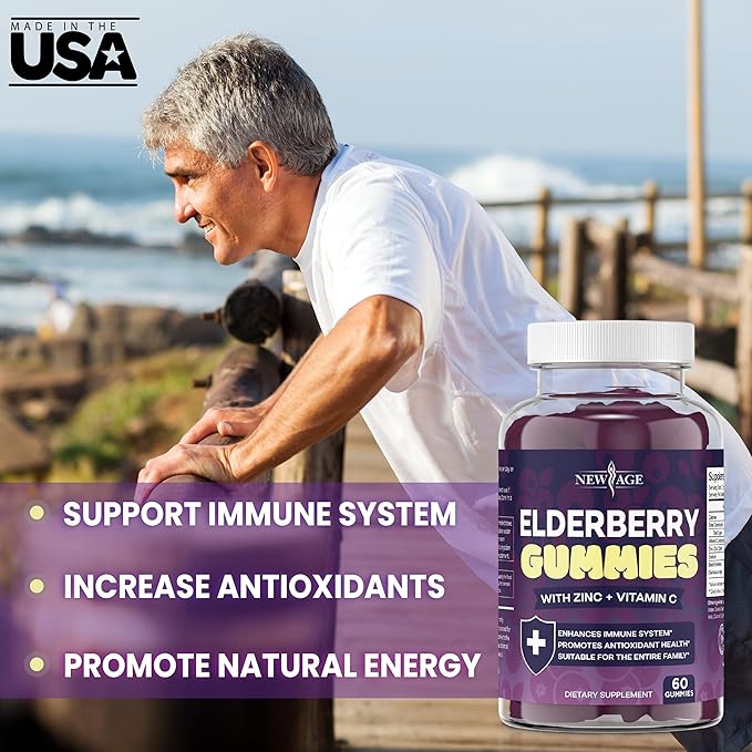 NEW AGE (2-Pack) Premium Elderberry Gummies for Adults Kids with Vitamin C Zinc Propolis - Sambucus Black Elderberry Gummy Extract - Gluten Free &amp Vegetarian - 120 Gummies