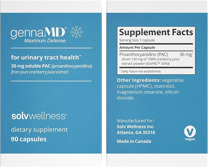 Solv Wellness GennaMD - Maximum UTI Defense - 36 mg Soluble PAC from 100% Cranberry Juice Extract - Highest PAC Concentration in a Small Easy-to-Swallow Capsule - 90 Capsules