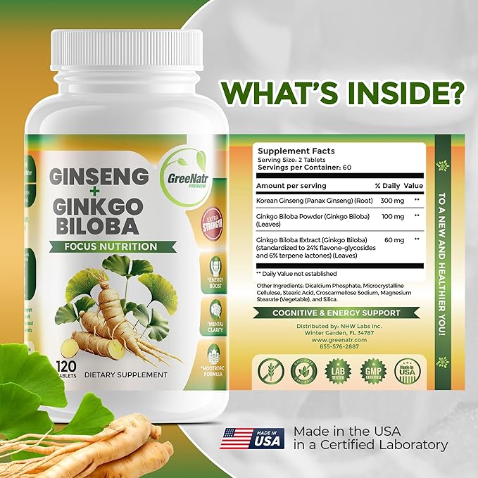GreeNatr Ginko Biloba &amp Panax Ginseng Supplement - Red Ginseng Brain Supplement for Memory and Focus - Ginkgo Biloba Supplements for Good Vision Immune System and Improved Blood Flow - 120 Tablet