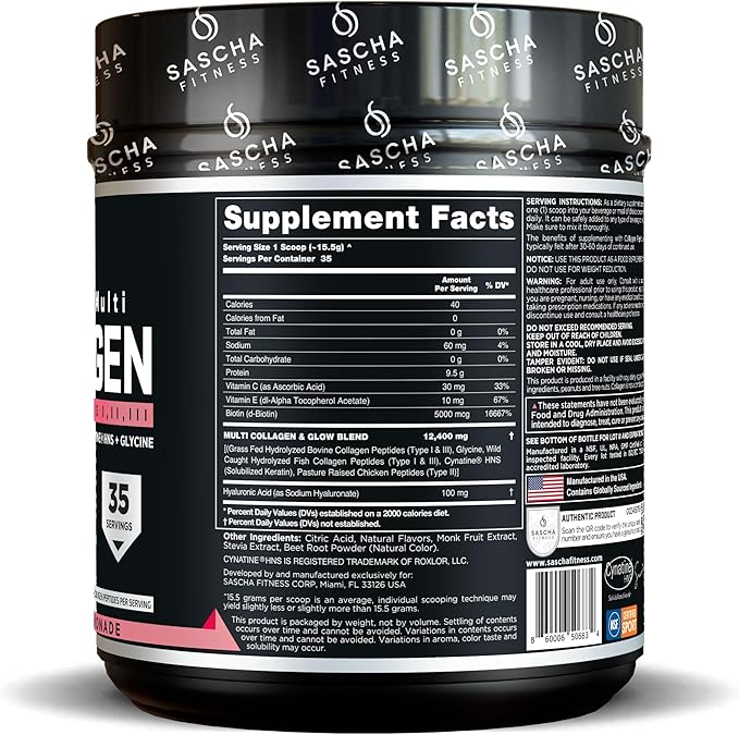 SASCHA FITNESS Hydrolyzed Multi Collagen Peptides Tipes 12 &amp 3 |Hyaluronic Acid|Biotin |Cynatine HSN|Vitamin C &amp E |for Hairs Skin &amp Bone Support|Strawberry Lemonade