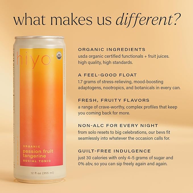 Hiyo Organic Social Tonic – Tropical Pack 12 Pack - N.A. Functional Seltzer Sparkling Water Crafted with Organic Adaptogens Nootropics &amp Botanicals
